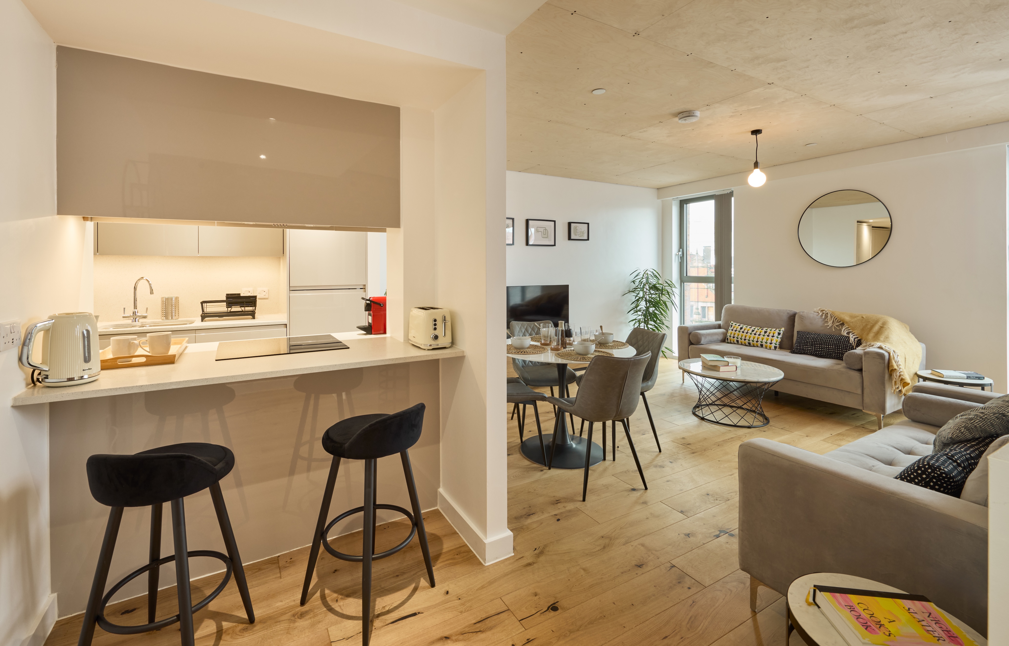 Open plan kitchen and living in apartment in Finlays Yard