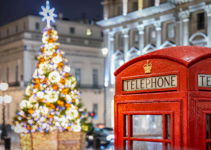 Christmas tree and red phone box in Central London